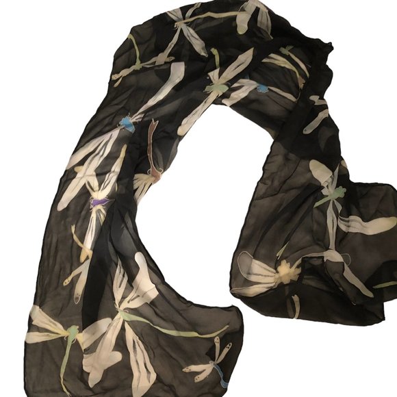 Black Semi sheer painted Dragon Flies print rectangle scarf 62x15 sheer - Picture 1 of 4